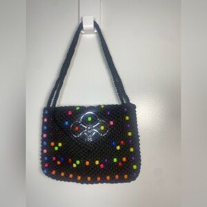 Chic Black Crochet Shoulder Bag with Colorful Accents